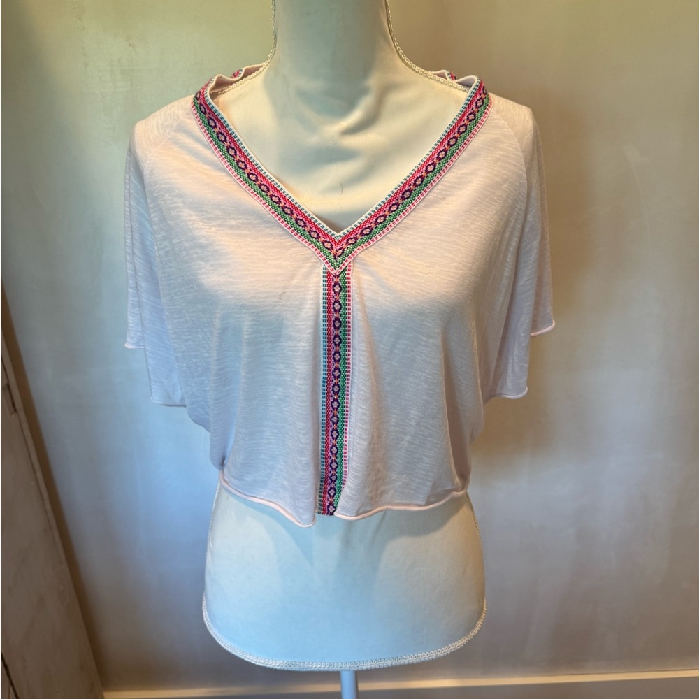 Pitusa White V-Neck Crop Top with Multicolor Trim
